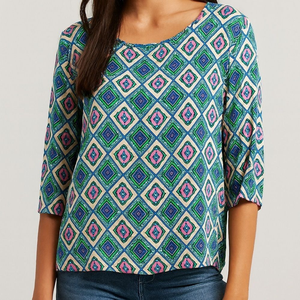 miami Geometric Diamond Print Blouse in Green, Blue, Pink